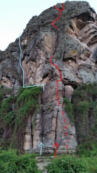 The classic 5.7 route follows the blue line in the picture. This is the view from the RR tracks standing about 100 feet to the left of the Madonna.