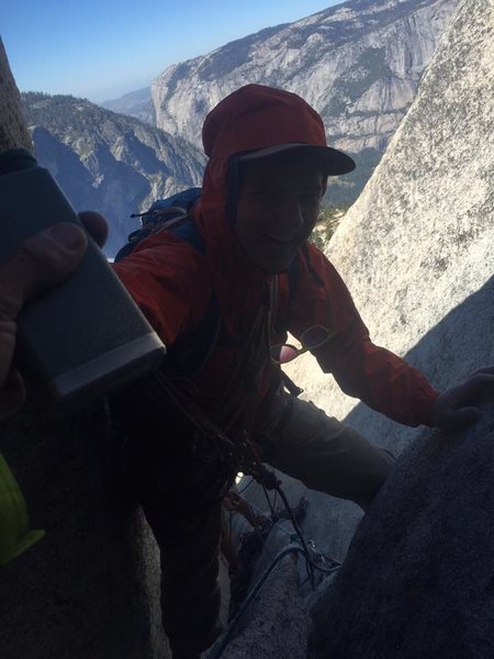 After getting off route, we continued forward through some dicey pitches. Hitting a good belay was welcomed, as was the bourbon.