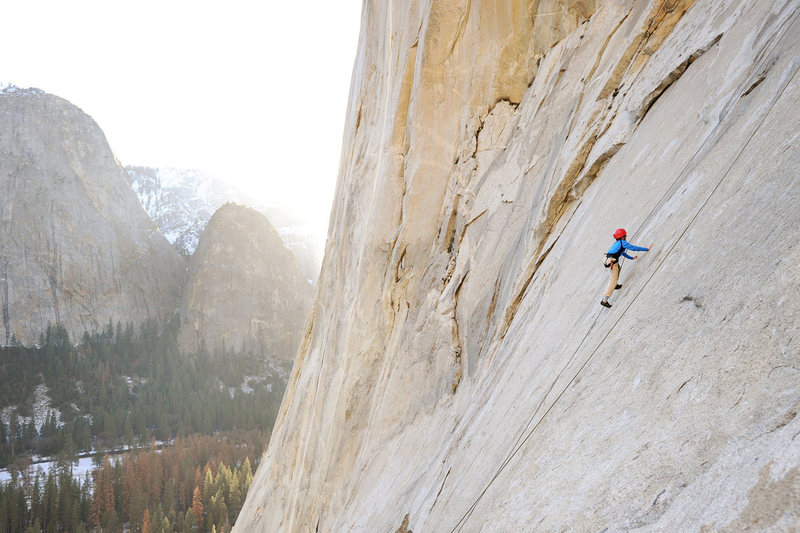 Bryson Fienup climbs Simulkrime (5.9), below the Alcove on El Capitan.