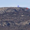 The Mount Scott crags (also taken from Lake Lawtonka East Campground).<br>
<br>
Upper Mount Scott (blue marker)<br>
Romper Room (red marker)<br>
Lower Mount Scott (yellow marker)
