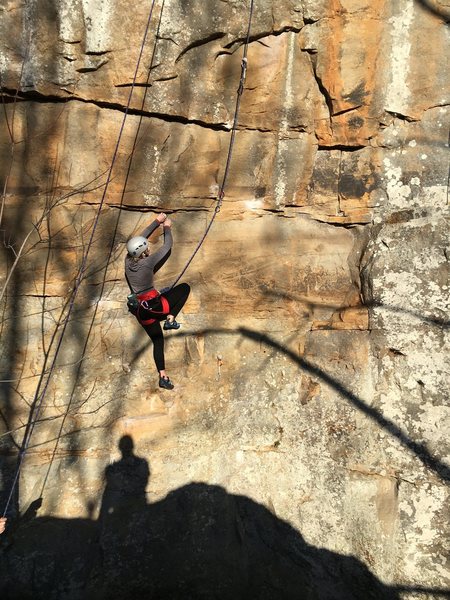 The first few holds on the route are extremely chalked.