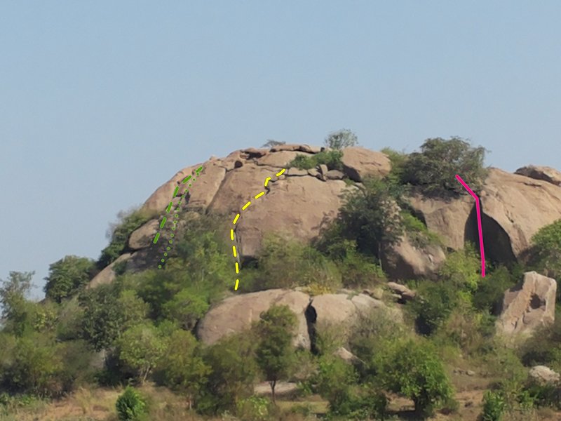 Pink line: Sunny's bump or ~20m rappel.
<br>
Yellow" Don't Fall
<br>
Green: Scrambling lines