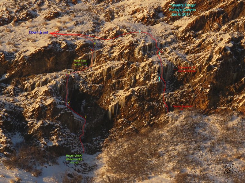 Shark's Fangs January 6, 2017, much fatter than when first seen & climbed in 2012. At the time this area was comprised of smaller drips but this year, the smaller merged to become longer, taller, steeper, more difficult, more connected, so two routes were done & named. <br>
"245 K" and "Secret Baptism".