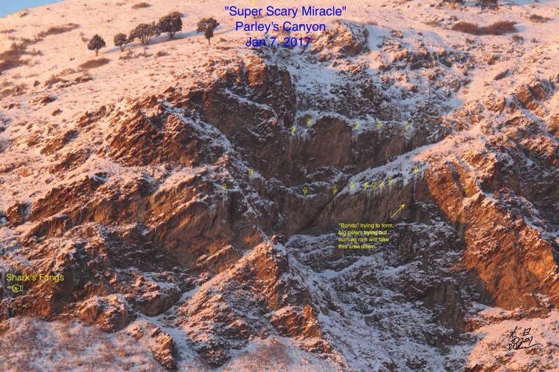 Super Scary Miracle, the "biggie" next to & higher in elevation than Shark's Fangs. Also much more difficult in terms of technically, route finding, safely moving around the huge bowl and moving from one formation to the next. Great care must be taken; not for newbies, sorry.<br>
This area in 2012 had huge pillars that touched the ground (see the guide book) and it looked like it would do this again but it is supposed to start raining today or the coming days. If that happens, this area will be gone until next seasons, if the ice returns at all.