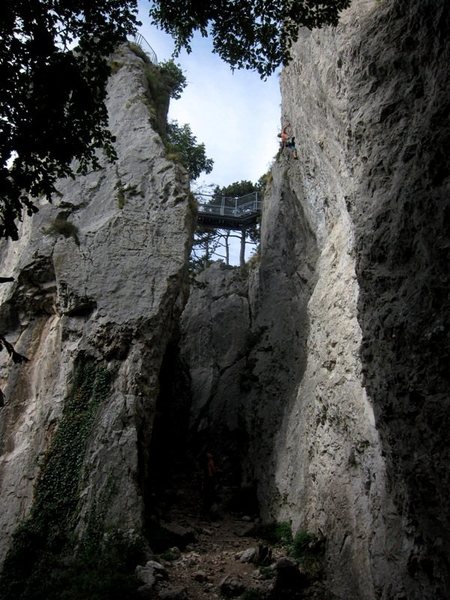 Climbing at Za Stolpom (wall to the right) with the Turški stolp (Turkish tower) to the left.