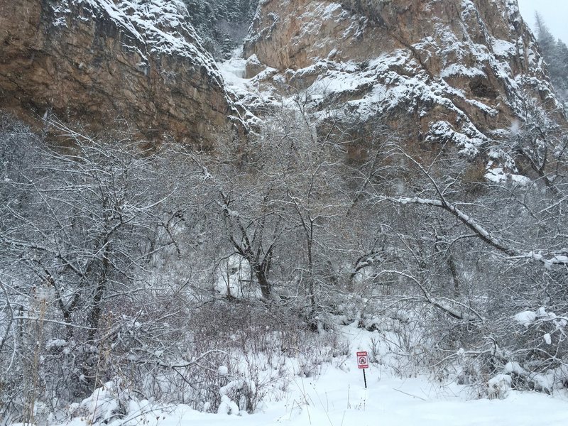 One of the "no climbing" signs at the base of the climbs.