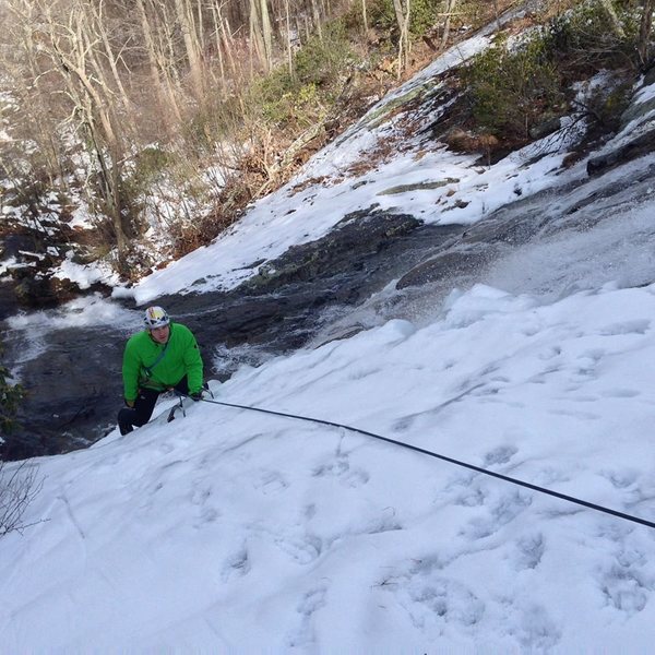 Toproping the thin-but-in ice on the upper falls before it all melted