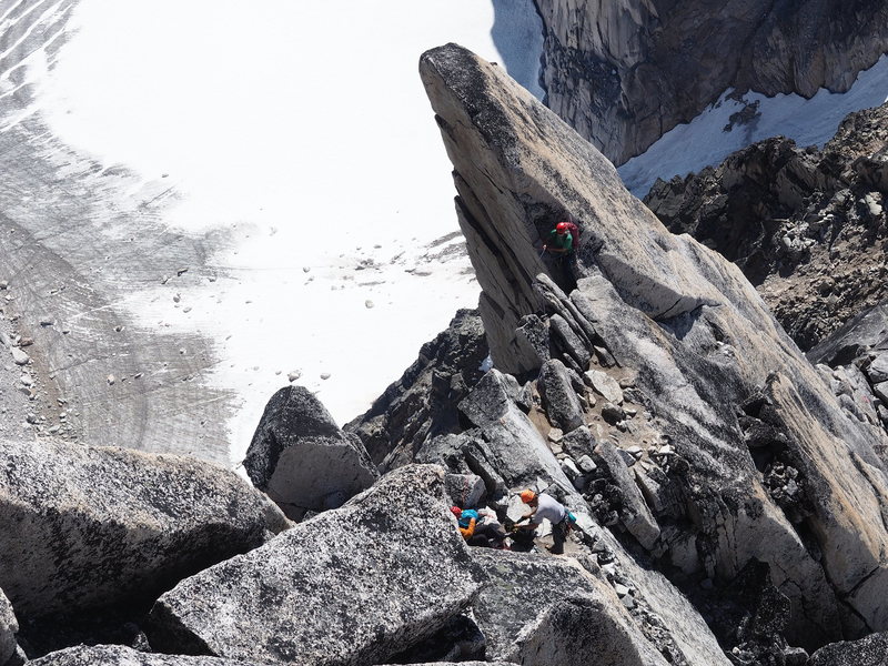 The rappel from the Gendarme on the descent. Be sure to go left, then move underneath the overhanging blade of rock. Credit: www.chossboys.weebly.com