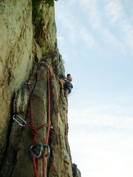 Having fun on the steep 2nd pitch of Soler