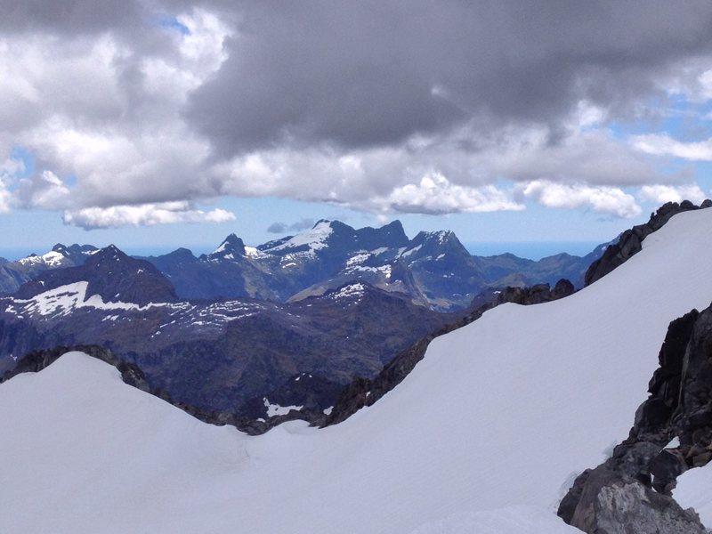 View of glacier on Mount McPherson and surrounding mountains of the Fiordland