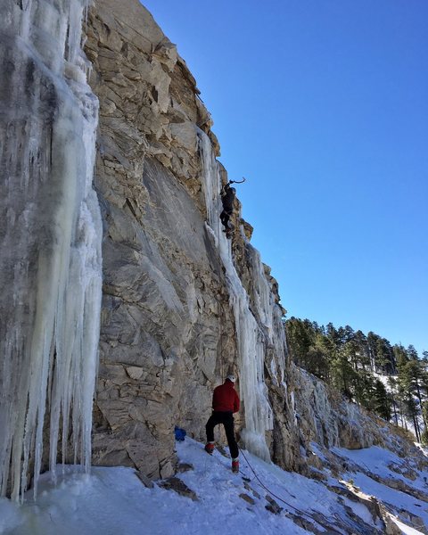 Road cut near the top of Mt Lemmon, Jan 28, 2017. Two founding members of the DICC getting after the fleeting Southern AZ ice!