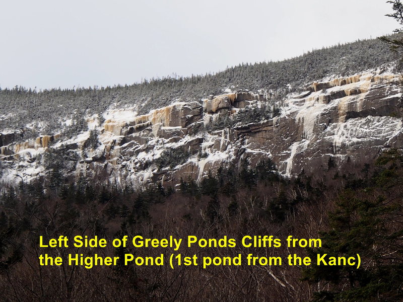 "Upper Wall" - West side of Greely Ponds. Have these climbs been done??? ("Drool of the Beast" is to the right on the same cliff) Jan 29, 2017 [photo from left ( East) shore of the pond, about 3/4ths of the way "down".)