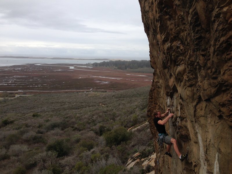 John Hickey feeling the crux on Olas Negras. Photo by Aaron Formella, 01-10-2016