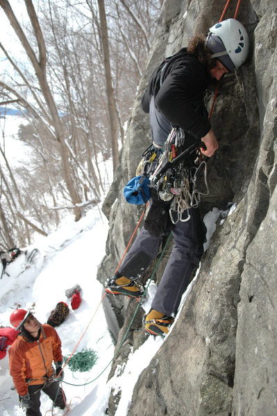 Horner (belaying) and the late Joe Szot on a new route at Deer Leap, Lake George.