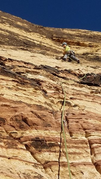 Pitch 4 - a bit wandering, just follow the chalk marks and you're at the anchors before you know it. Fun, sometimes techy slab. Take pro where you can get it.