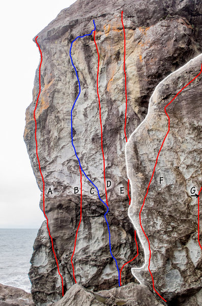 A. Weltering Splash (5.9+)<br>
B. Land Shark (5.10d)<br>
C. The Seductive Mermaid (5.10c/d)<br>
D. Tsunami (5.11c/d)<br>
E. Cutlass Supreme/Radical Mouse Movement (5.11b)<br>
F. Grog Supply (5.10-)<br>
G. Play Misty For Me (5.9-)