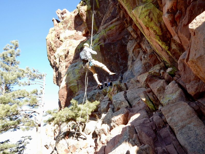 Matt B. descending the gratifying rappel at the end of the Direct Route.