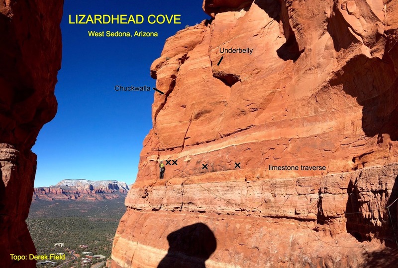 Important landmarks for Chuckwalla and Underbelly. Photo is taken from the starting ledge/notch.