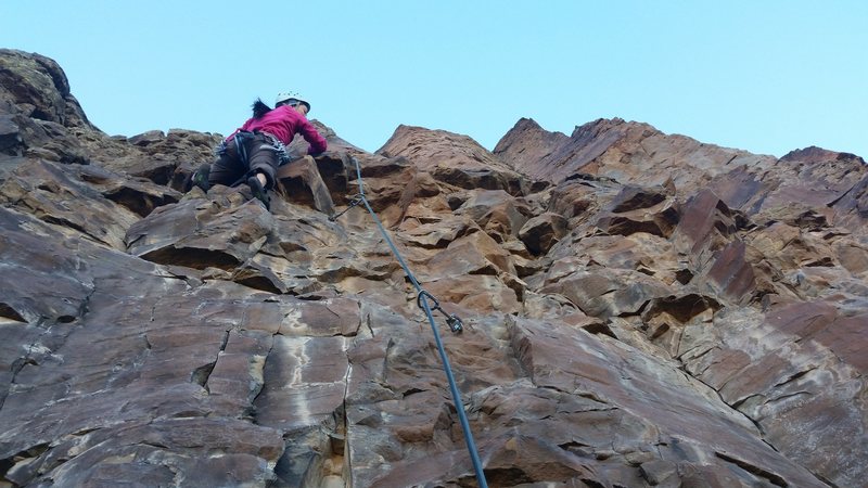 Margaret finding some Chicken Scratch on the ascent.