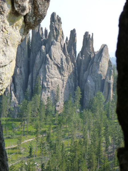 Looking out from crack on regular Conn route on Obelisk formation