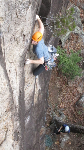 Max navigating the sea of crimps on Flying Frog, Tallulah Gorge.