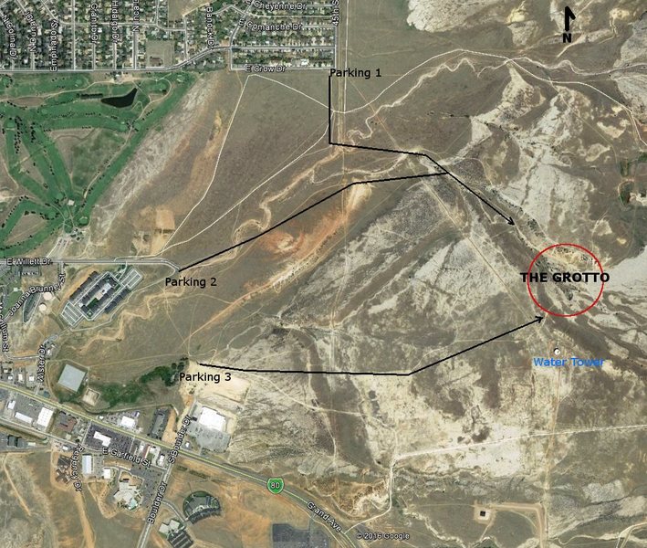Overview of The Grotto area with parking and approaches included.