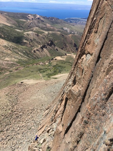 Looking down from the belay before the money pitch.