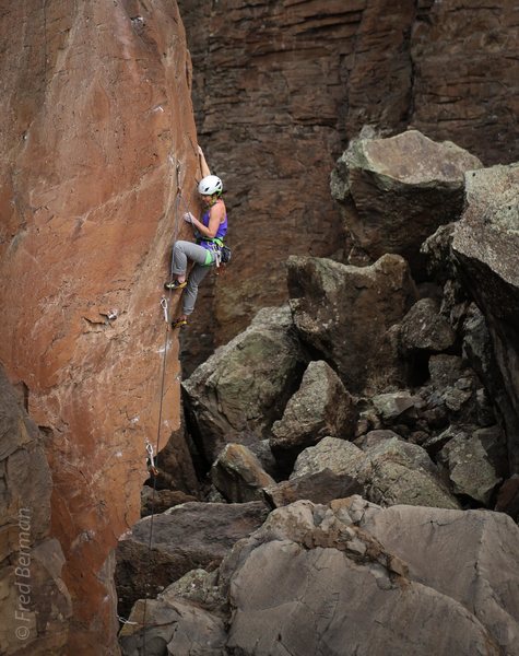 Allison Fritz mid-crux of Dopesmoker.