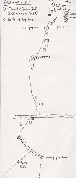 Frictionary Topo.<br>
<br>
The distance between the last two bolts is a little short on the topo. Maybe 10-15 ft with a 5.8 move in between.