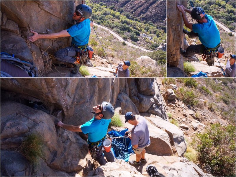 Eyeing and working the start of the route. Belayer could/should anchor with medium-sized cams at the base of the route for comfort and safety.