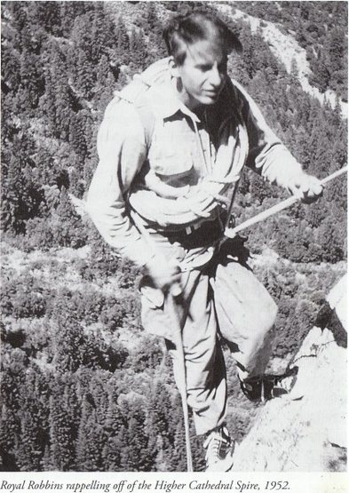 Royal Robbins Higher Cathedral Spire 1952. Less is More.<br>
<br>
Check out the La Sportiva "le Super Fantastiques" aka Converse Chucks.<br>
<br>
First Ascent of this route....