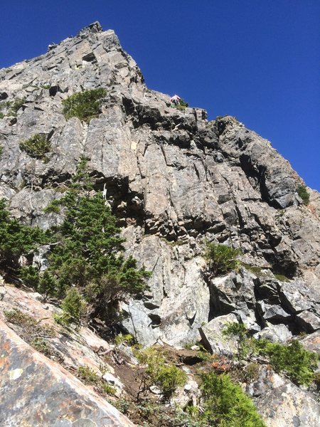 Camille as at the intermediate rap anchor on P3 viewed from the P2 anchor. Remember this on your way up, it's tricky to find that anchor on the rap.