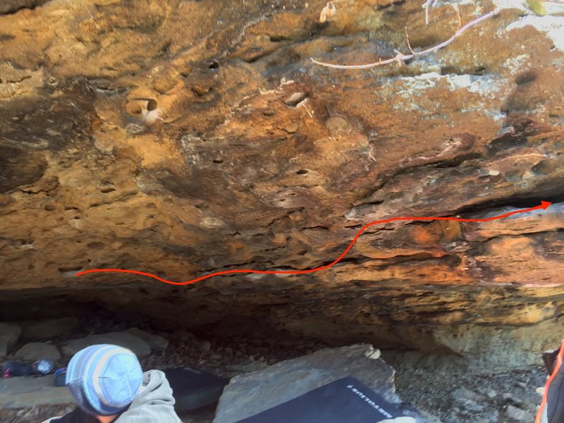 Start on same hold at PBJ, work your way to the right then finish out on giant lip at the end of the cave. Be careful not to dab on the rock on the floor of the cave.