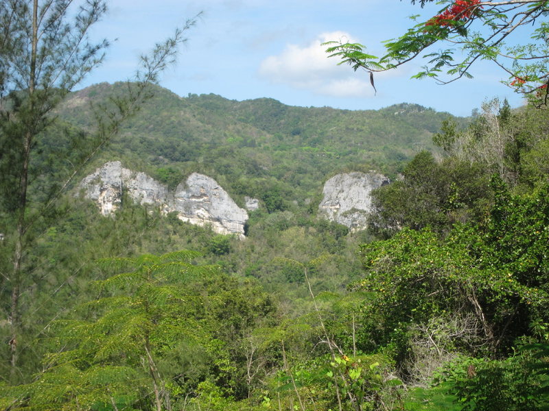 View of Caliche Crag from the overlook as you drop into the Ciales valley on hwy 149 from Manati.