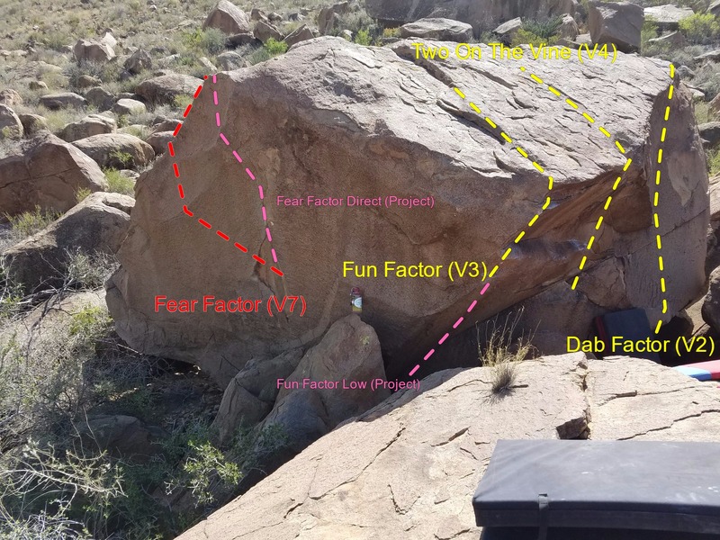The Factor Boulder with associated climbs. I can't add sub areas under Grapevine hills so this will do. Feel Free to change anything.