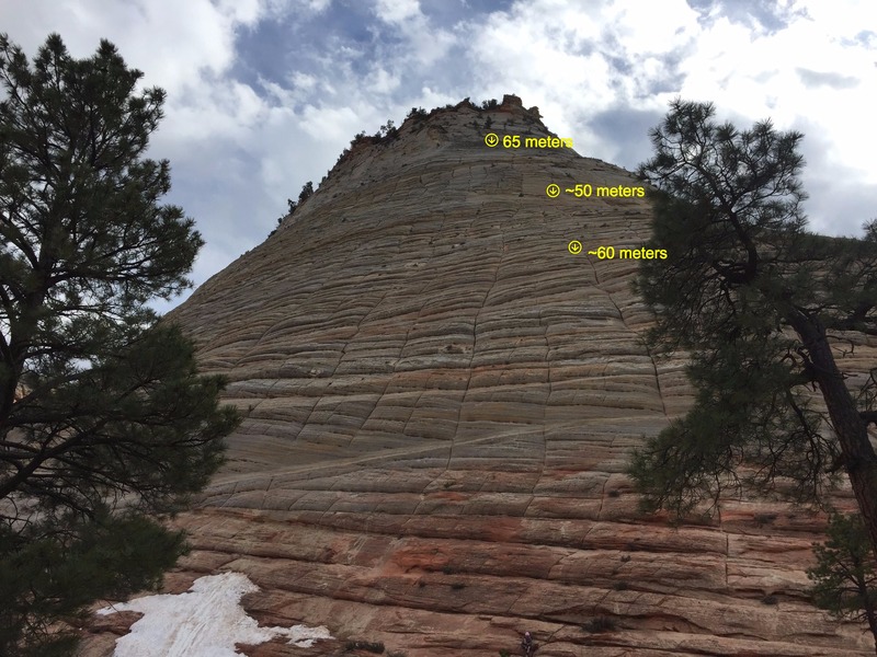 Checkerboard Mesa with approximate location of bolted belays and rappels. The location of those bolted belays if very approximate but the distances between are pretty accurate. Key thing being they require more than a single rope to rappel. Also, I'm not sure the bolted belays are actually on the original Wheat Chex route but instead on a later route.