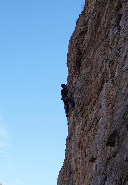 Made in the shade - Just past the crux and ready to slab it out.