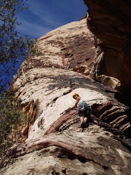 FA-er Joanne Urioste starts up P1 of Olive Oil in a later ascent, Nov 2006