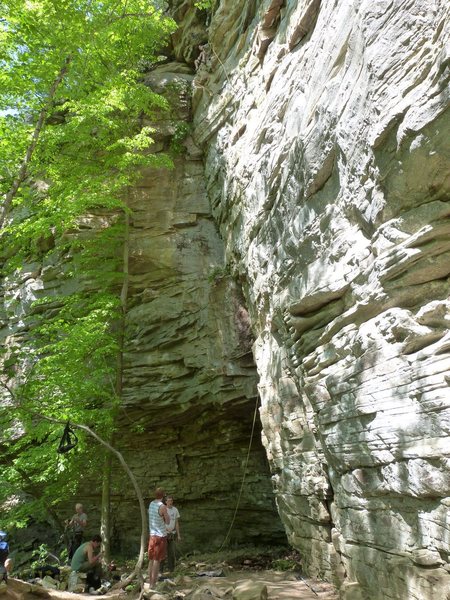 Safety... first?<br>
<br>
A belayer waits for his climber to recover before tackling boulder problem that guards the chains.