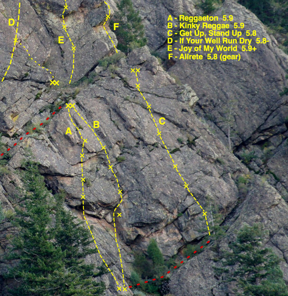 Front Triangle topo, showing possible connections to "upper pitches" on routes on the Second and Third Triangles.