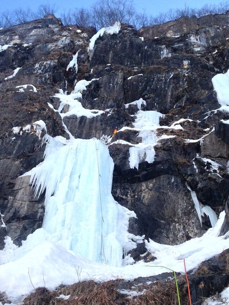 Here we are investigating the link up on an unstable snow ledge that turned out to be the low angle crux of the climb.