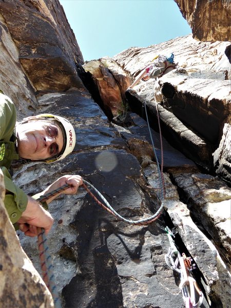 Stefani Day starts by leading Pitch 3 of Rawlpindi and will finish on The Big Horn...belayed by Don Vincent (photo by Angie Vincent)