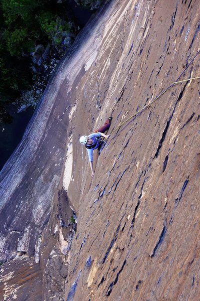 Approaching the 5.8 traverse on pitch 3. 4/17.