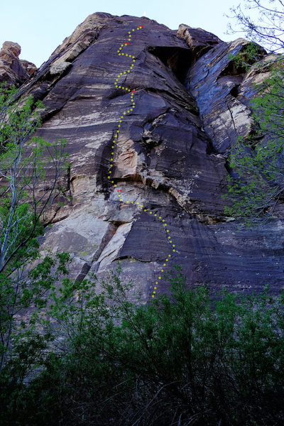 Risky Business: topo overlay. Belay/rap anchors indicated by red dots.