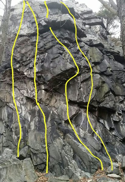 Balcony Rock routes from left to right: Popeye's, Poopdeck Pappy, Brutus, Professor Whatasnozzle