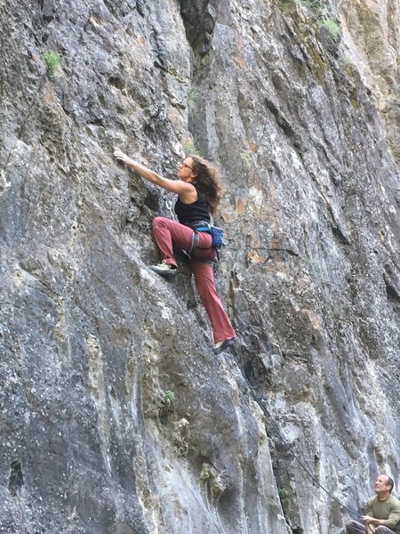 Kelly Douglas on Eire Girl, belayed by Darren Odgers