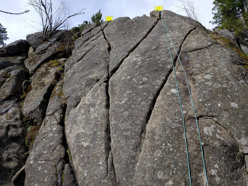 Left to right: X Crack left finish, X Crack right finish, and Y Crack. The rope is hanging from the bolts above the X-Crack right finish.