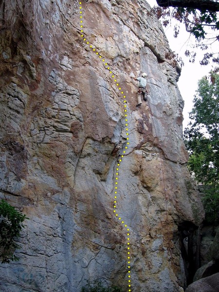 Pictured climber is on Misty. First Black in Space is the flake immediately left of the climber.