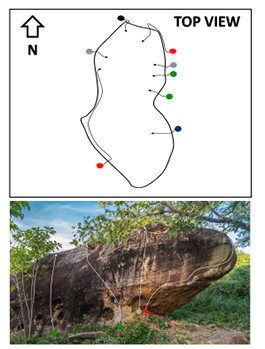Topo of T-Rex boulder made by Khon Kaen Climbing Club. For more information of routes and topo, contact https://www.facebook.com/khonkaenclimbingclub/