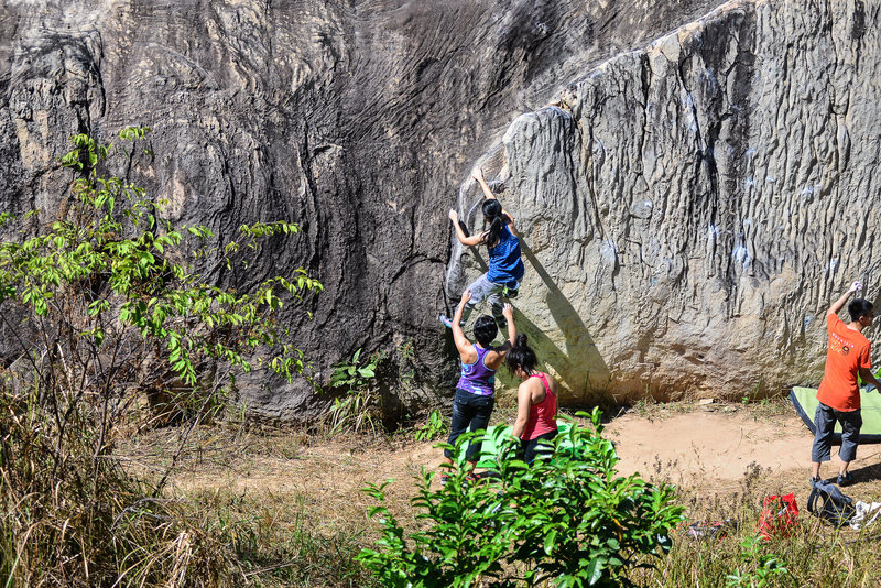 Mean Puntarika on Moby Dick boulder during Khon Kaen bouldering Festival